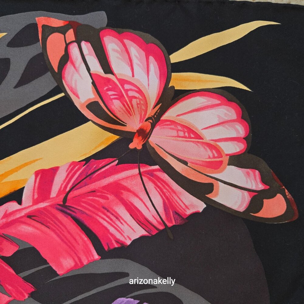 Salvatore Ferragamo Silk Scarf Hand-Rolled Hems Butterfly in Flower Garden - Picture 10 of 12